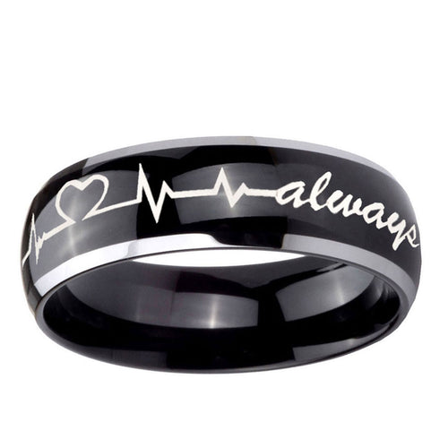 10mm Heart Beat forever Heart always Dome Glossy Black 2 Tone Tungsten Men's Ring