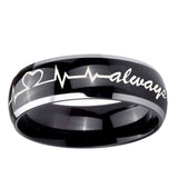 5, 8mm Heart Beat forever Heart always Dome Glossy Black 2 Tone Tungsten Mens Ring