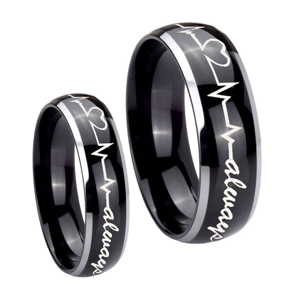 Heart Beat forever Heart always Dome Glossy Black 2 Tone Tungsten Mens Set Ring