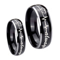 Heart Beat forever Heart always Dome Glossy Black 2 Tone Tungsten Mens Set Ring