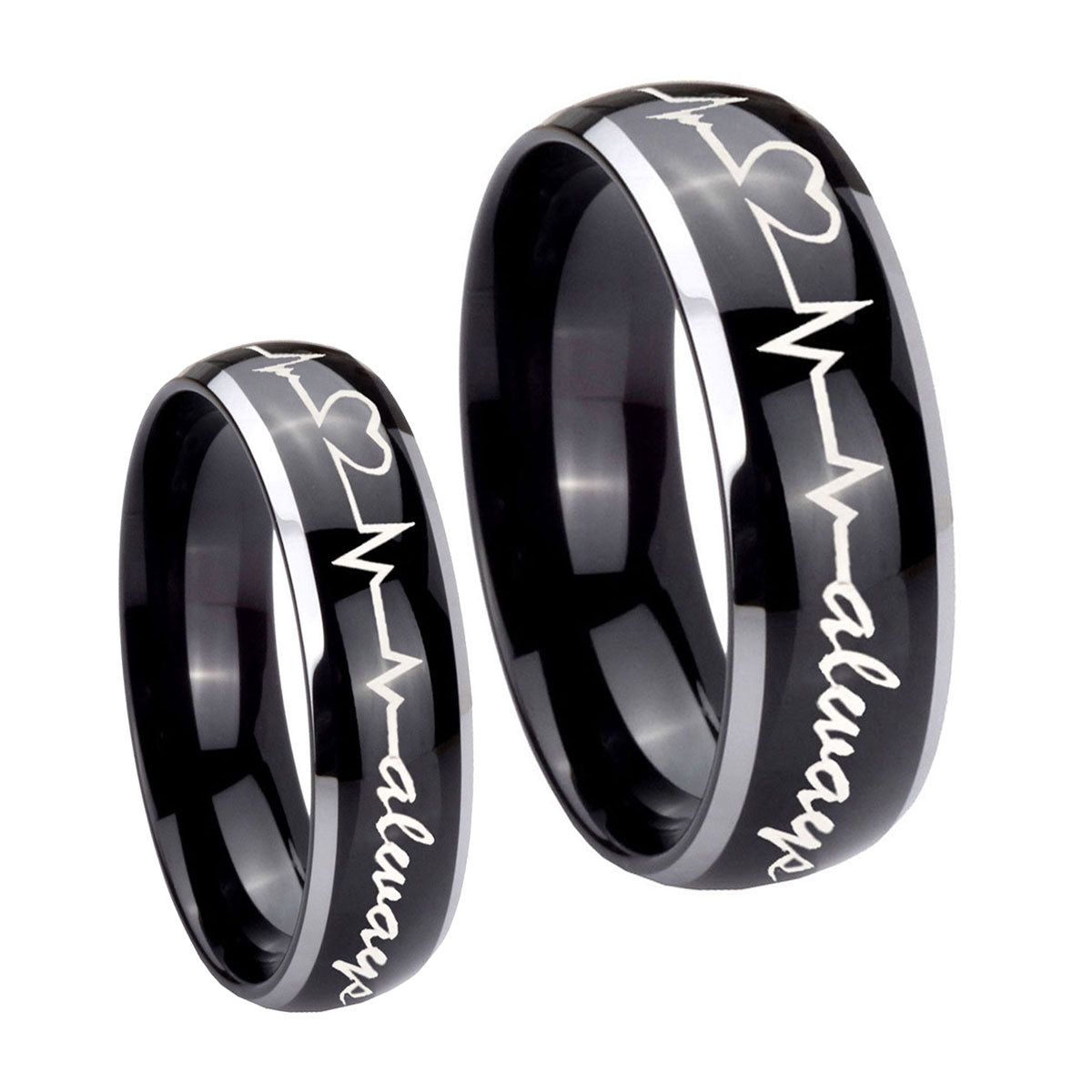 Heart Beat forever Heart always Dome Glossy Black 2 Tone Tungsten Mens Set Ring