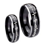 His Hers Heart Beat forever Heart always Dome Glossy Black 2 Tone Tungsten Men's Band Set