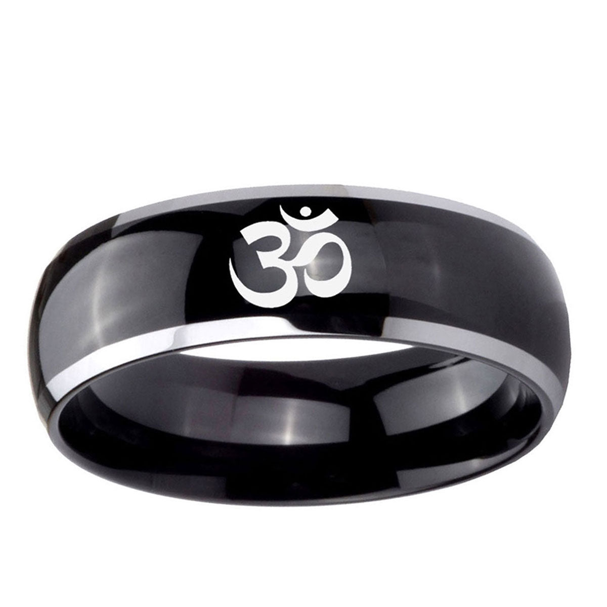 10mm Om Aum Yoga Dome Glossy Black 2 Tone Tungsten Ring