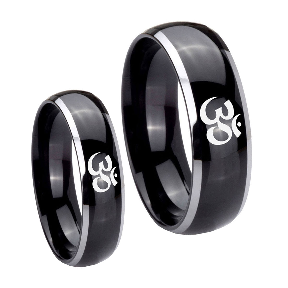 Om Aum Yoga Dome Glossy Black 2 Tone Tungsten Couple Band Set