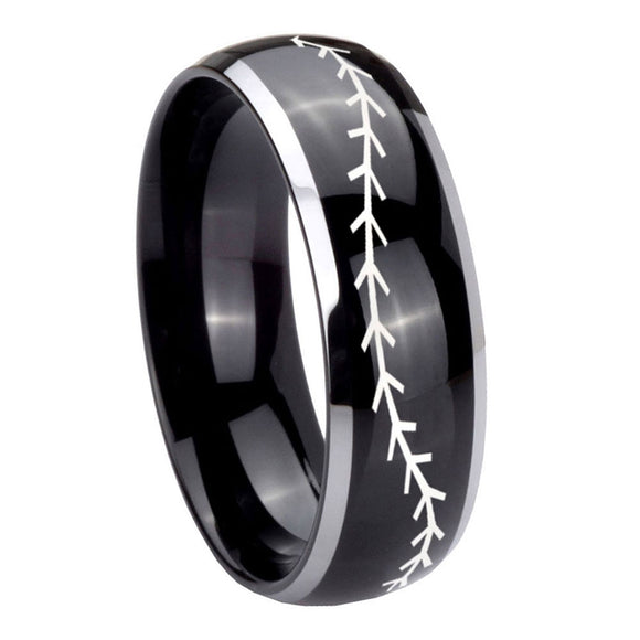 8mm-Baseball-Stitch-Dome-Glossy-Black-2-Tone-Tungsten-Mens-Engagement-Band