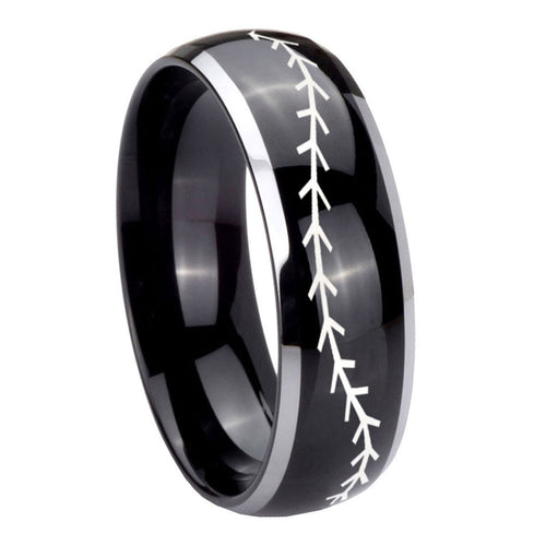 8mm Baseball Stitch Dome Glossy Black 2 Tone Tungsten Ring