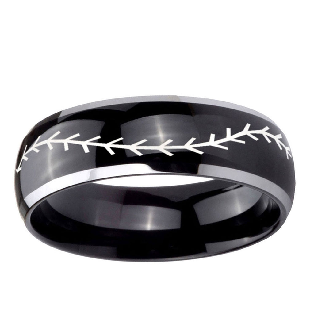 10mm Baseball Stitch Dome Glossy Black 2 Tone Tungsten Carbide Promise Ring