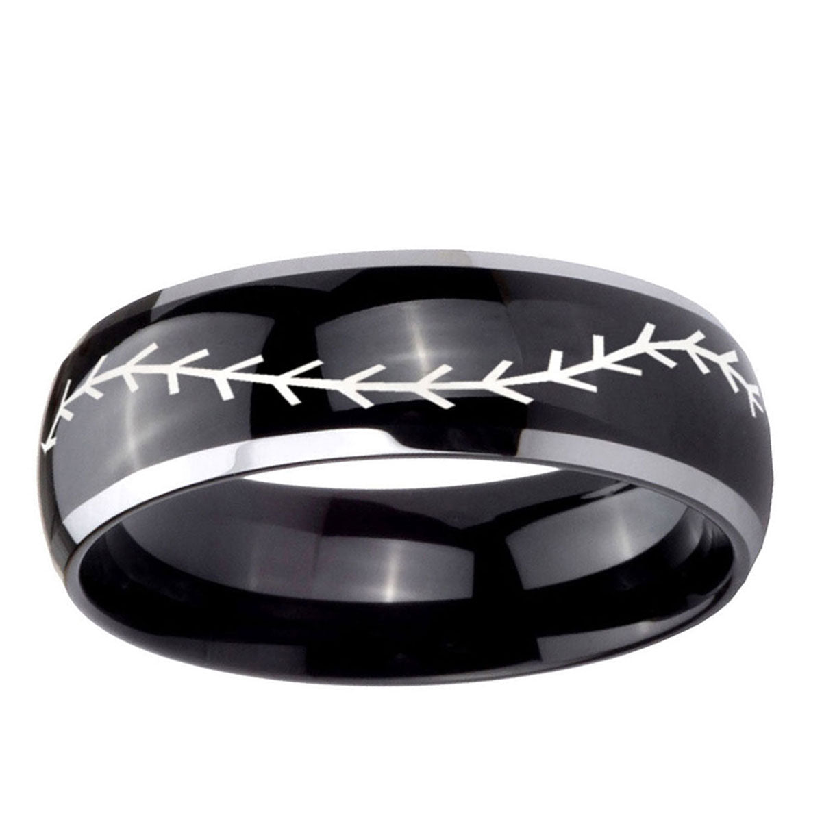 10mm Baseball Stitch Dome Glossy Black 2 Tone Tungsten Carbide Promise Ring