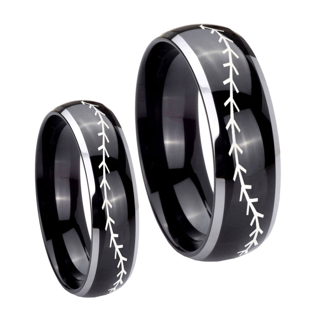 Baseball Stitch Dome Glossy Black 2 Tone Tungsten Wedding Set Rings