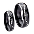 Baseball Stitch Dome Glossy Black 2 Tone Tungsten Wedding Set Rings