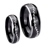 His Hers Baseball Stitch Dome Glossy Black 2 Tone Tungsten Men's Ring Set