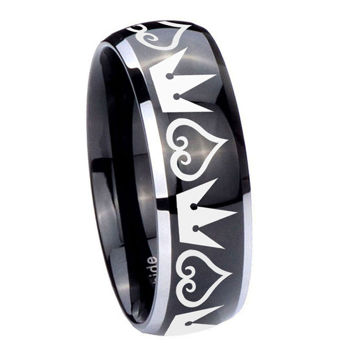 8mm Hearts Crowns Dome Glossy Black 2 Tone Tungsten Ring