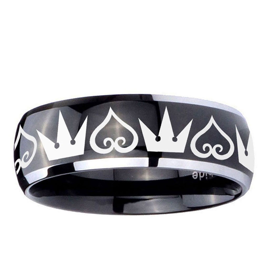 10mm Hearts and Crowns Dome Glossy Black 2 Tone Tungsten Ring