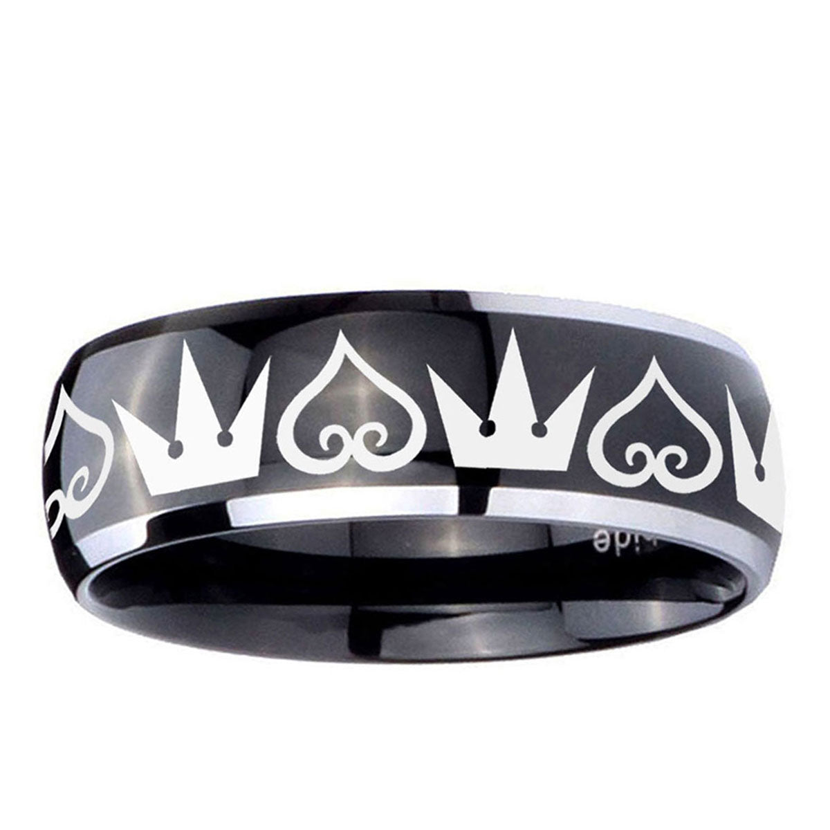 10mm Hearts and Crowns Dome Glossy Black 2 Tone Tungsten Ring