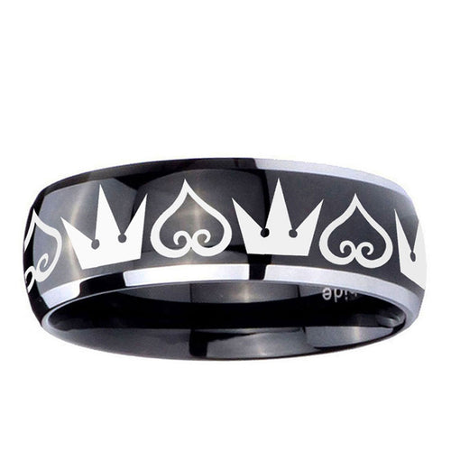 10mm Hearts and Crowns Dome Glossy Black 2 Tone Tungsten Ring