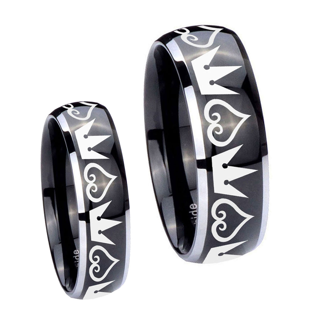 Hearts and Crowns Dome Glossy Black 2 Tone Tungsten Wedding Ring Set