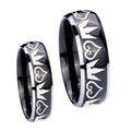 Hearts and Crowns Dome Glossy Black 2 Tone Tungsten Wedding Ring Set