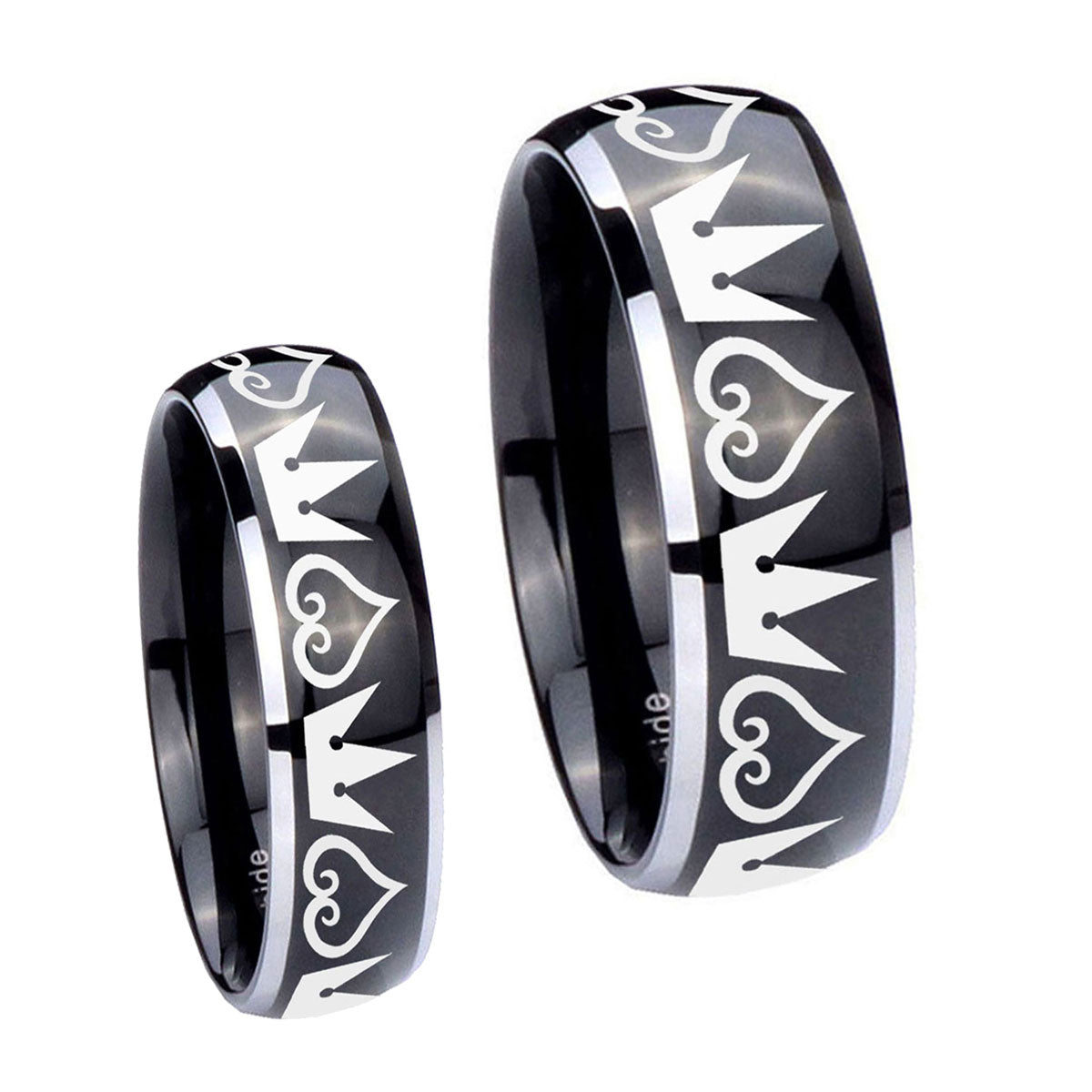 Hearts and Crowns Dome Glossy Black 2 Tone Tungsten Wedding Ring Set
