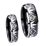 His Hers Hearts and Crowns Dome Glossy Black 2 Tone Tungsten Mens Ring Set