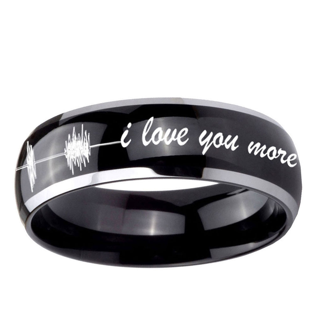 10mm Sound Wave I love you more Dome Glossy Black 2 Tone Tungsten Engraved Ring