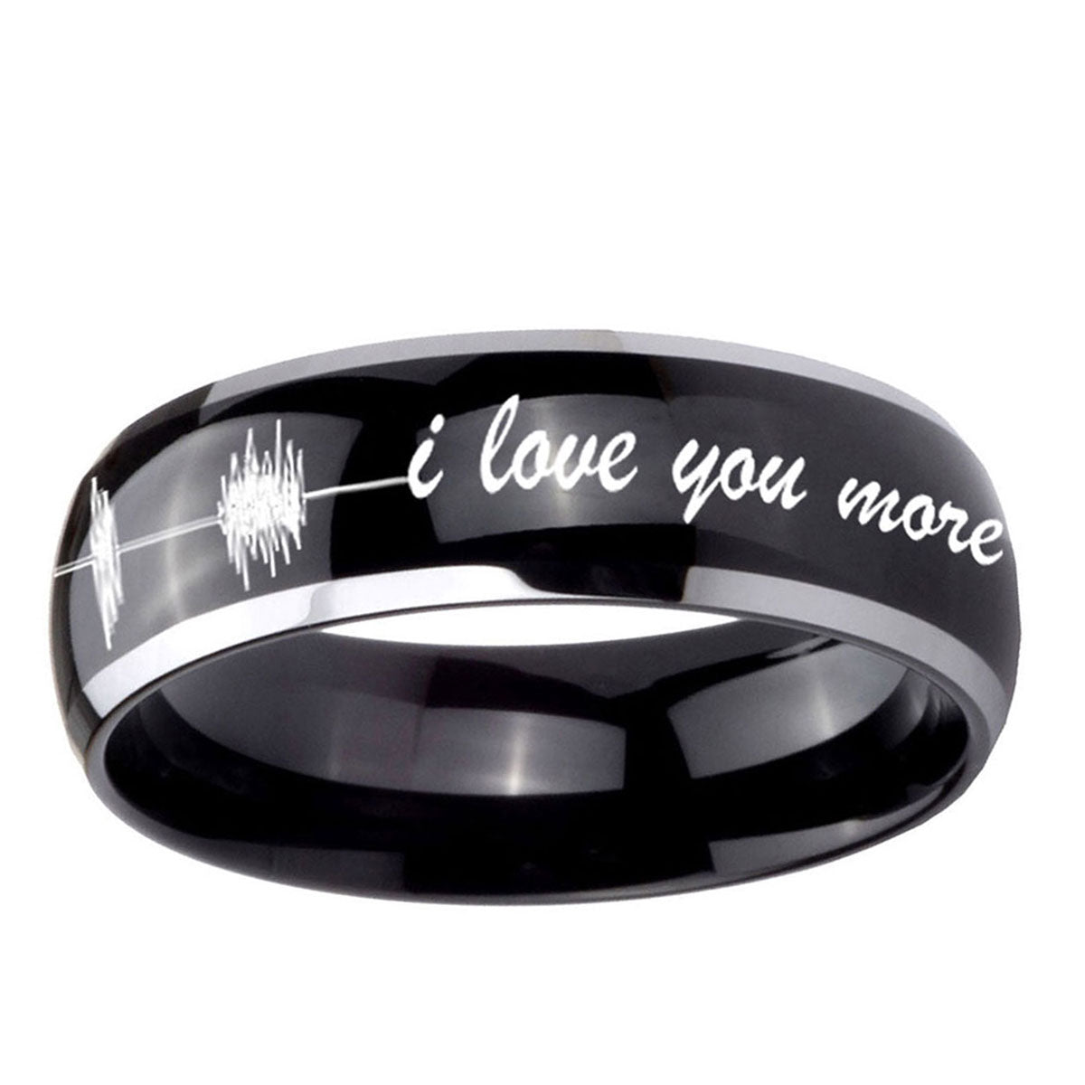 10mm Sound Wave I love you more Dome Glossy Black 2 Tone Tungsten Engraved Ring