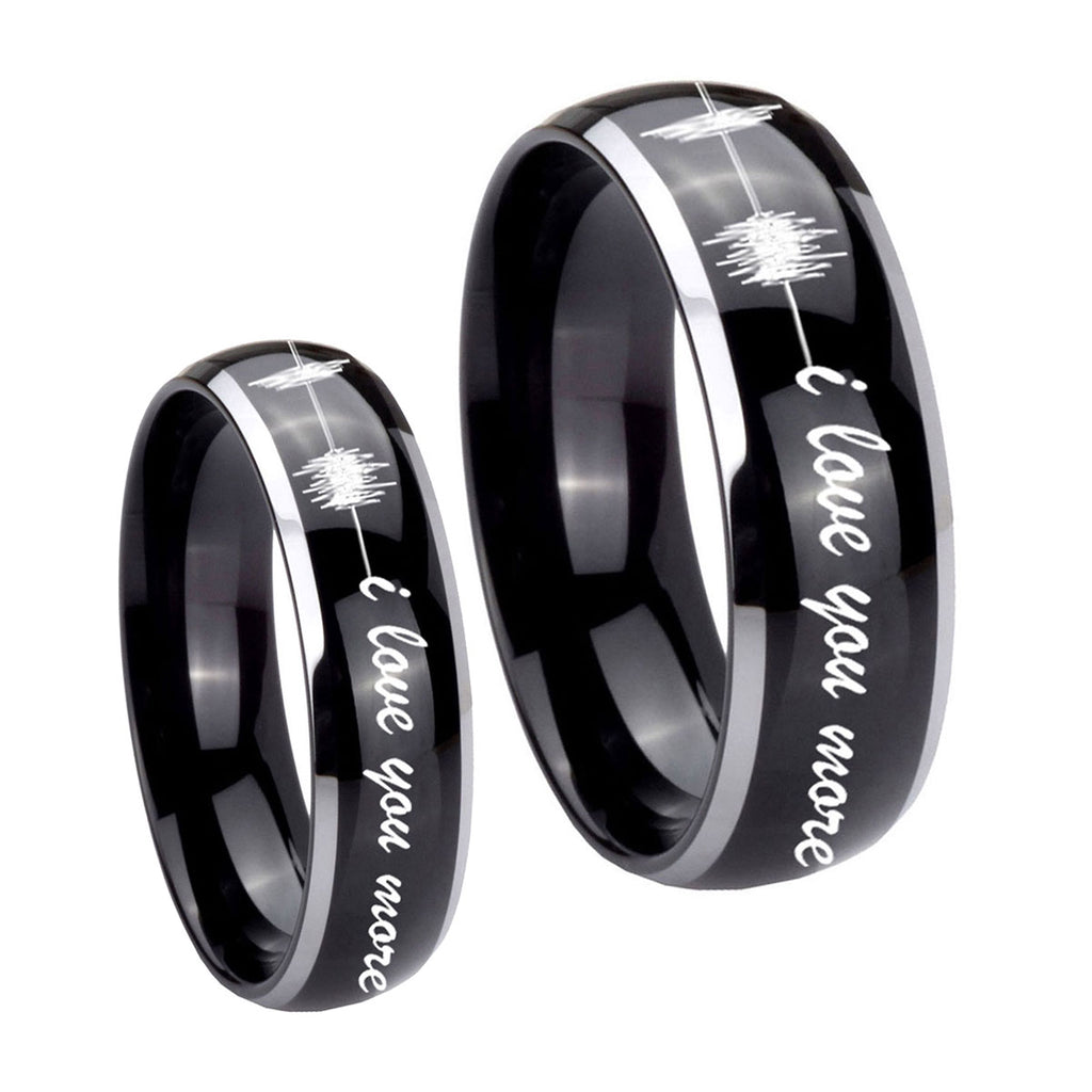 Sound Wave, I love you more Dome Glossy Black 2 Tone Tungsten Wedding Ring Set