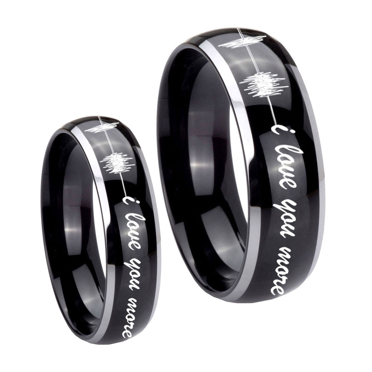 Sound Wave, I love you more Dome Glossy Black 2 Tone Tungsten Wedding Ring Set