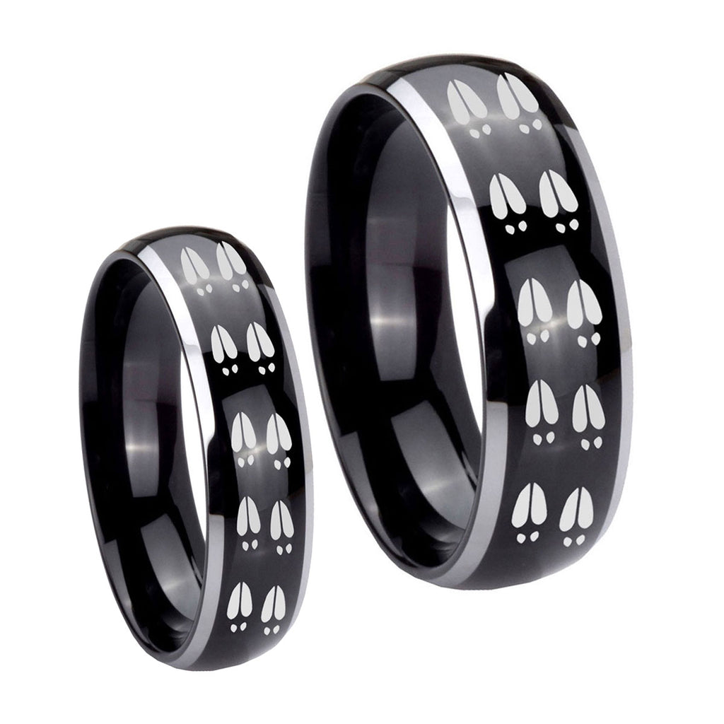 Deer Tracks Dome Glossy Black 2 Tone Tungsten Wedding Set Ring