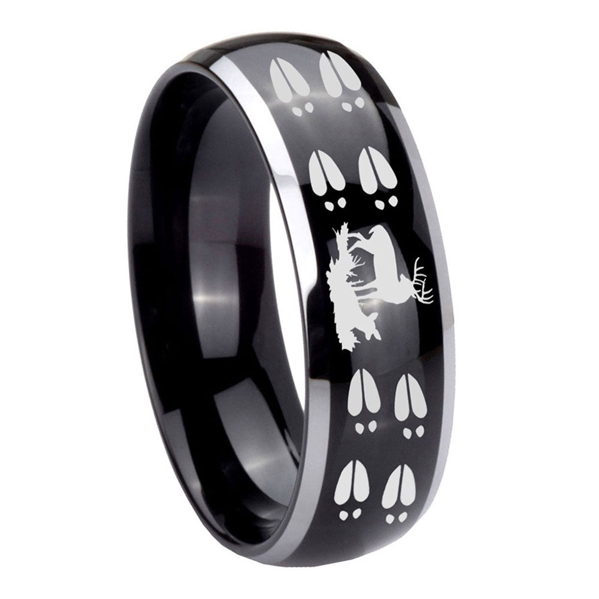 8mm Deer Hunting Tracks Dome Glossy Black 2 Tone Tungsten Ring