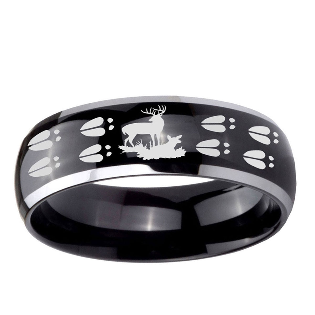 10mm Deer Hunting Tracks Dome Glossy Black 2 Tone Tungsten Ring