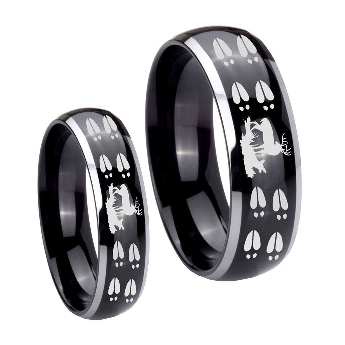 Deer Hunting Tracks Dome Glossy Black 2 Tone Tungsten Matching Ring Set
