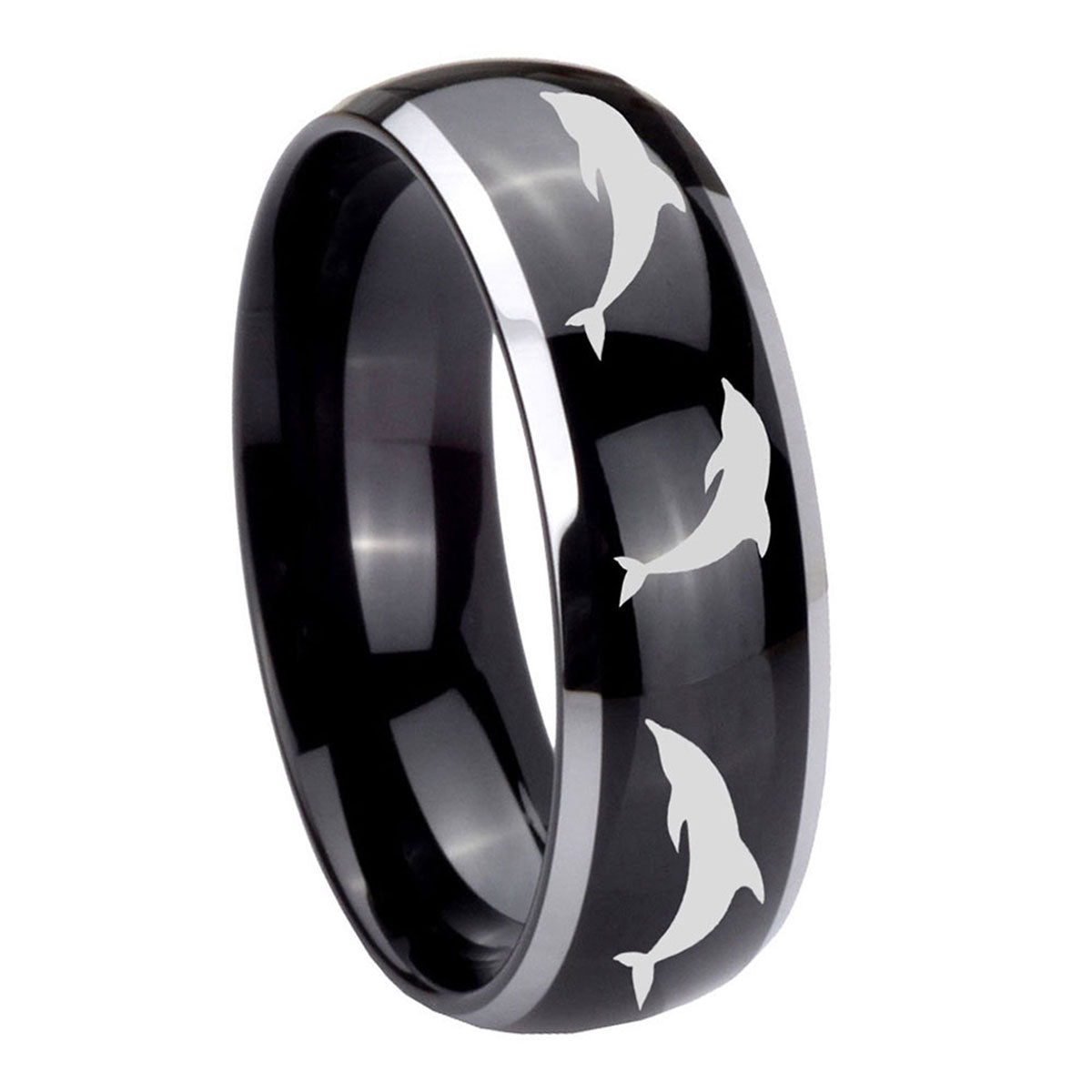 8mm Dolphins Dome Glossy Black 2 Tone Tungsten Men Bands
