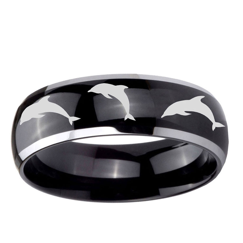 10mm Dolphins Dome Glossy Black 2 Tone Tungsten Ring