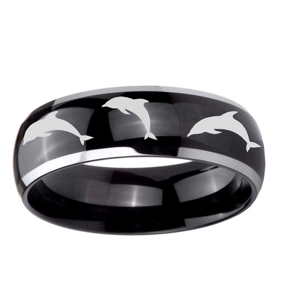 10mm Dolphins Dome Glossy Black 2 Tone Tungsten Ring