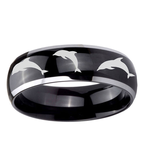 10mm Dolphins Dome Glossy Black 2 Tone Tungsten Ring