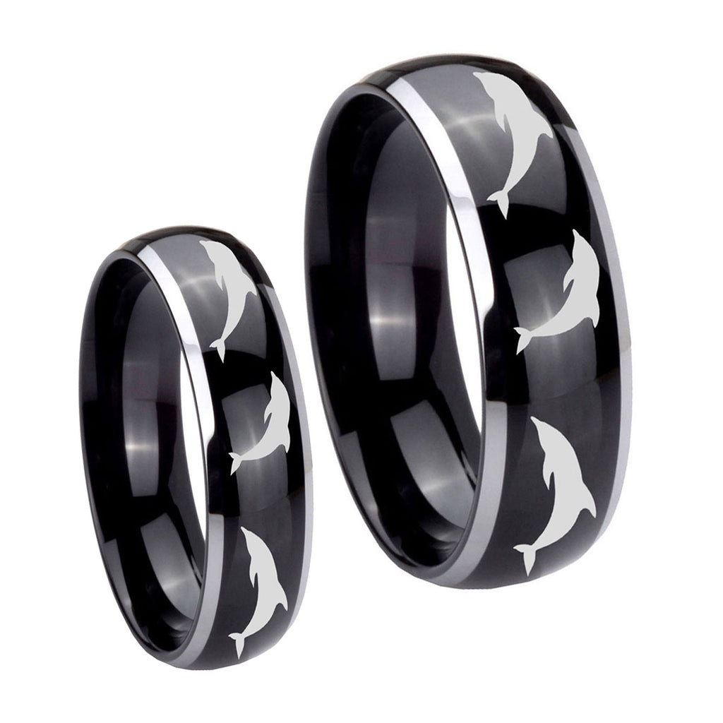 Dolphins Dome Glossy Black 2 Tone Tungsten Mens Ring Set