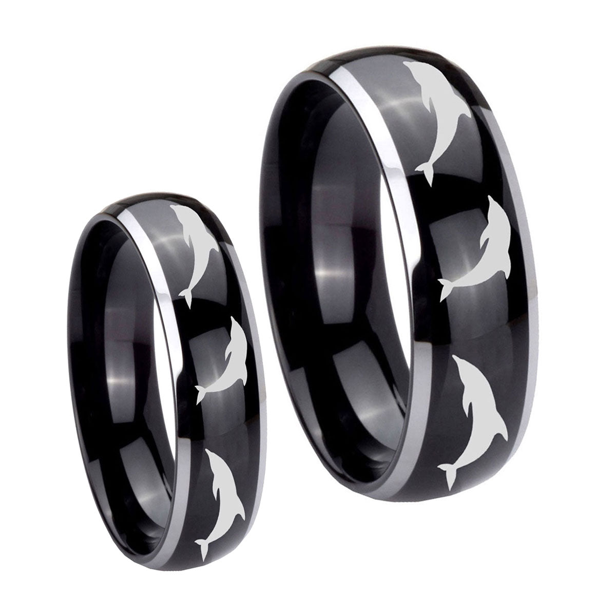 Dolphins Dome Glossy Black 2 Tone Tungsten Mens Ring Set