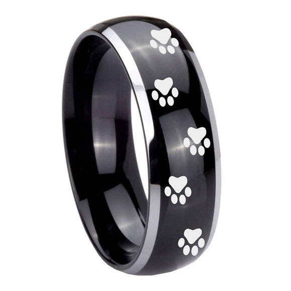 10mm-Paw-Print-Dome-Glossy-Black-2-Tone-Tungsten-Carbide-Bands-Ring
