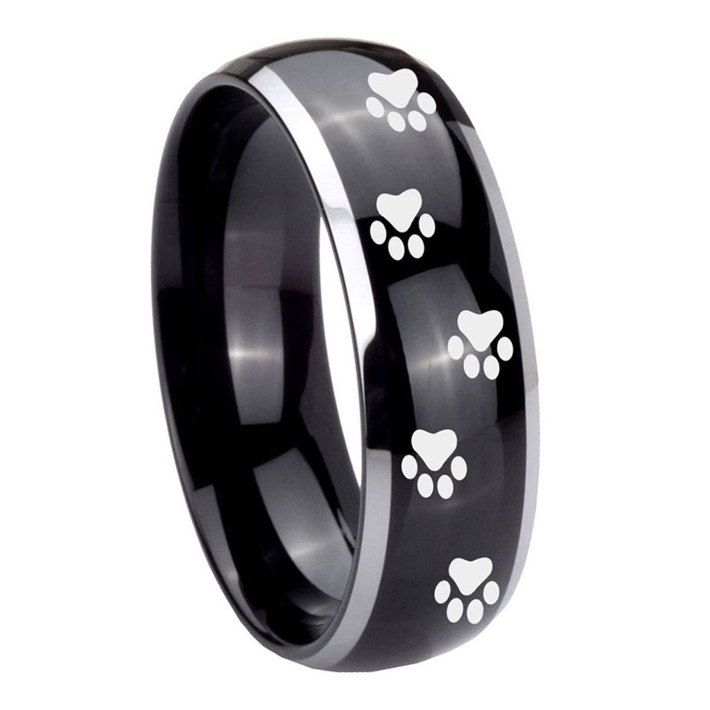 8mm Paw Print Dome Glossy Black 2 Tone Tungsten Men Bands