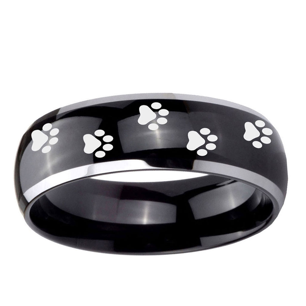 5mm Paw Print Dome Glossy Black 2 Tone Tungsten Men Bands