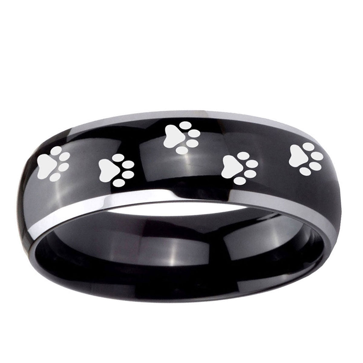 5mm Paw Print Dome Glossy Black 2 Tone Tungsten Men Bands