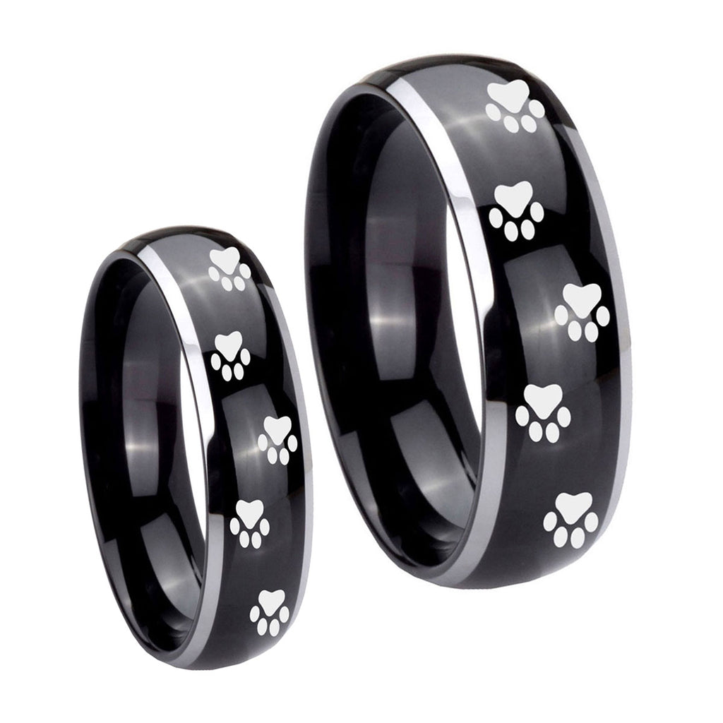 Paw Print Dome Glossy Black 2 Tone Tungsten Bridal Ring Sets