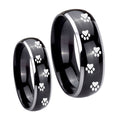 Paw Print Dome Glossy Black 2 Tone Tungsten Bridal Ring Sets