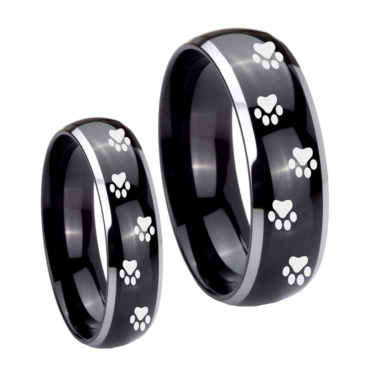 Paw Print Dome Glossy Black 2 Tone Tungsten Bridal Ring Sets