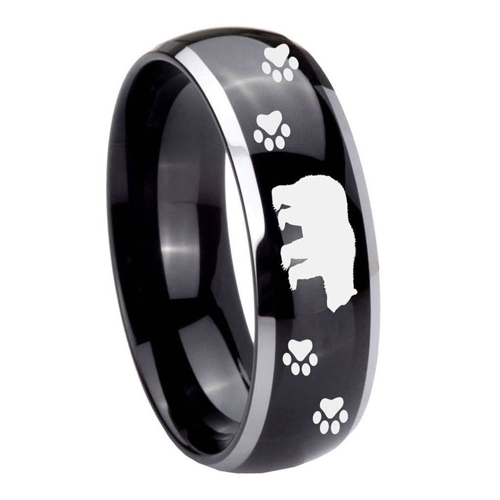 10mm Bear and Paw Dome Glossy Black 2 Tone Tungsten Carbide Custom Mens Ring