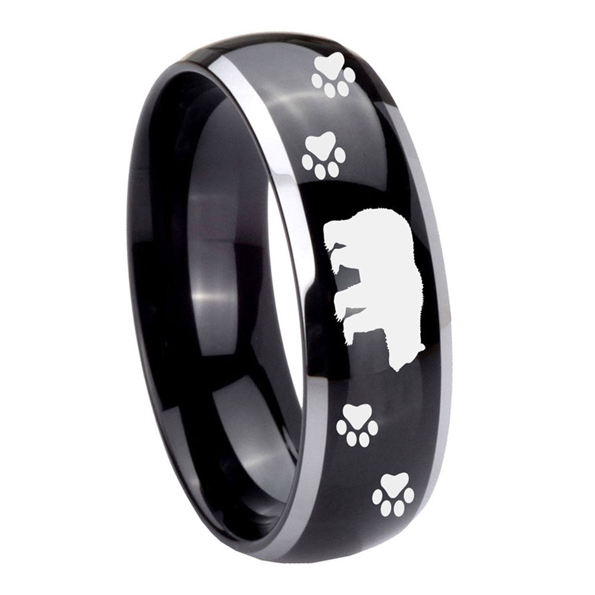 10mm Bear and Paw Dome Glossy Black 2 Tone Tungsten Carbide Custom Mens Ring