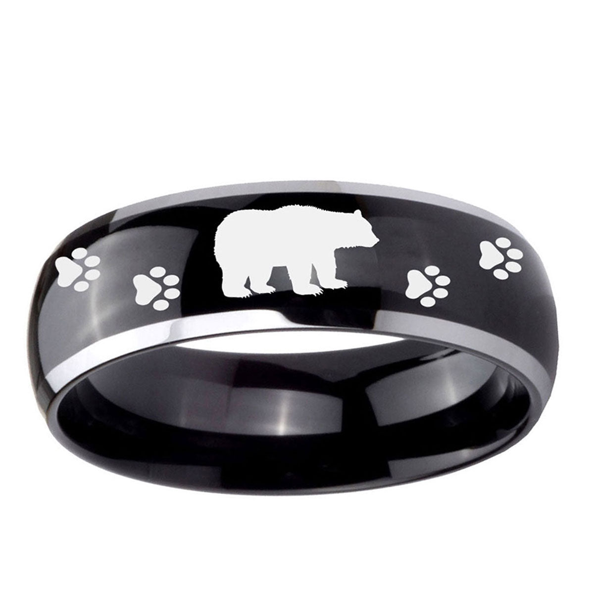 10mm Bear and Paw Dome Glossy Black 2 Tone Tungsten Ring
