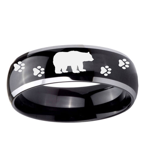 10mm Bear and Paw Dome Glossy Black 2 Tone Tungsten Ring