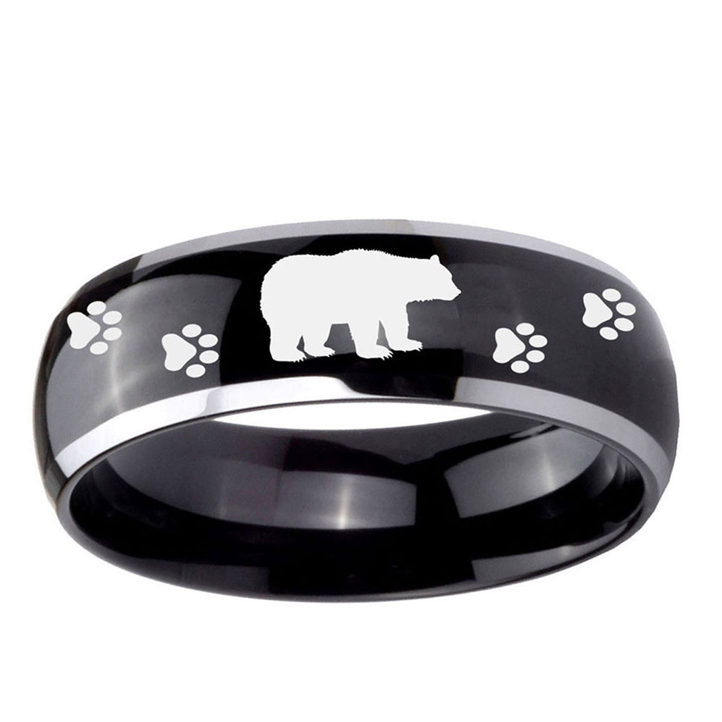 5mm Bear and Paw Dome Glossy Black 2 Tone Tungsten Mens Ring