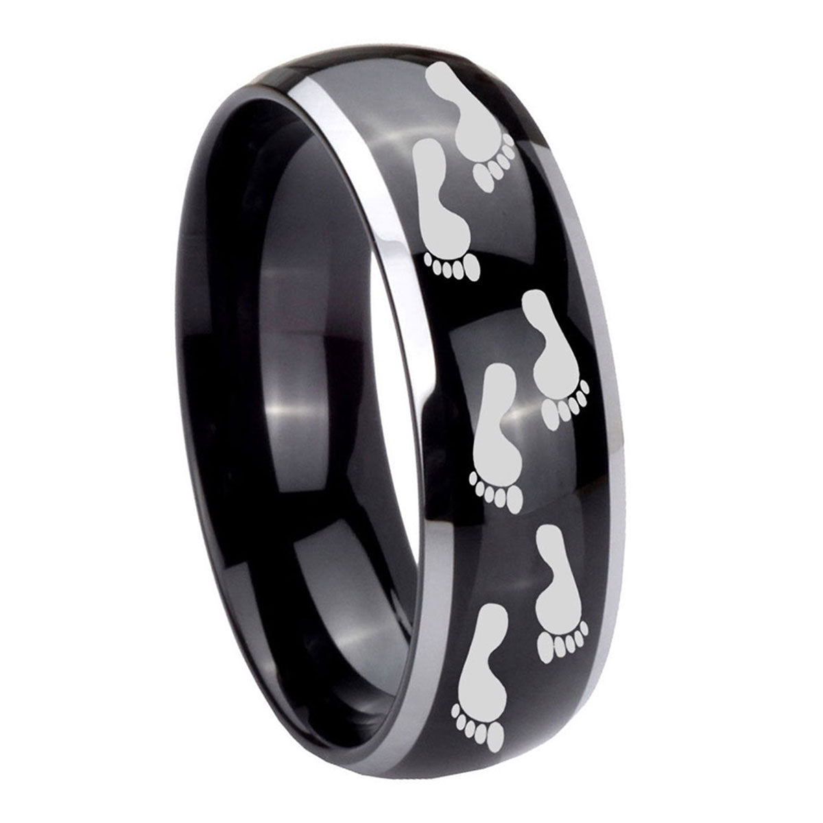 8mm Foot Print Dome Glossy Black 2 Tone Tungsten Mens Ring